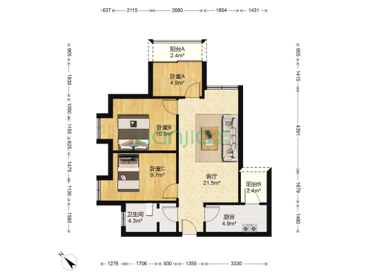 雄飞新园名都 3室1厅1卫 83平方