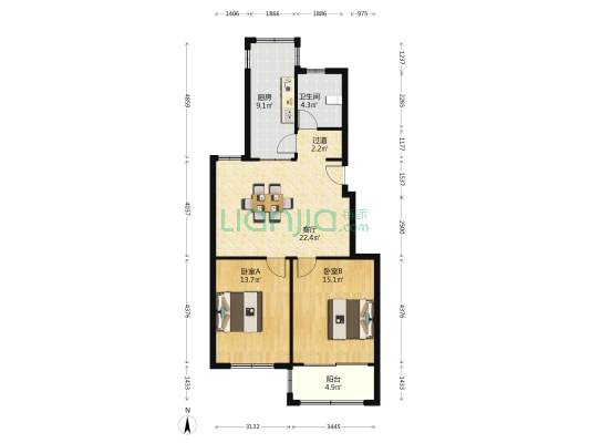 新华北苑 2室1厅1卫 91平方