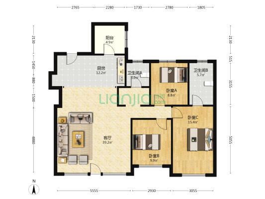汇龙上城云著 3室1厅2卫 128平方