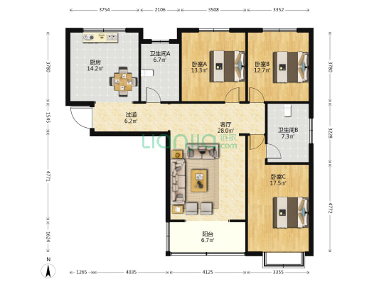 万浩俪城南院 3室1厅2卫 149平方