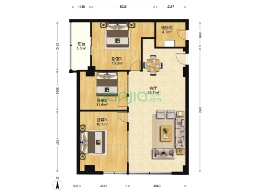 开元北方大厦 3室1厅0卫 163平方