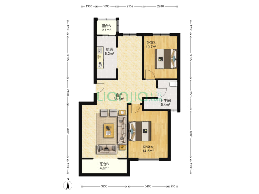 怡然庭苑 2室1厅1卫 104平方