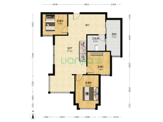 恒大金碧花园 3室1厅1卫 104平方