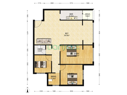 新时代广场 3室1厅1卫 137平方