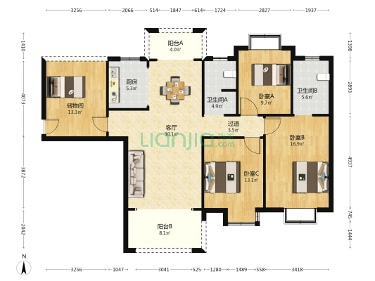 玉虹理想城 3室1厅2卫 137平方