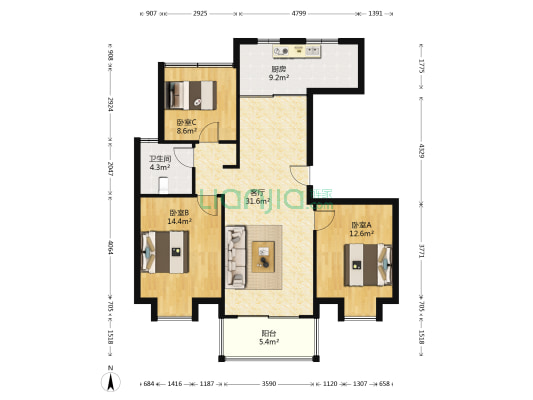 复地新都国际北区 3室1厅1卫 105平方