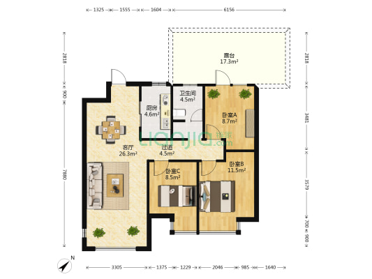 海玥名邸 3室1厅1卫 89平方