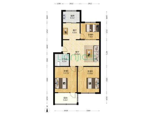 港务局宿舍 3室2厅1卫 90平方