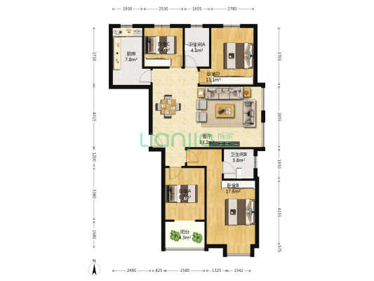 国际未来城A区 4室1厅2卫 135平方