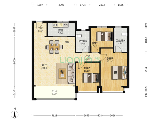 莱安万莱逸宸 3室1厅2卫 128平方