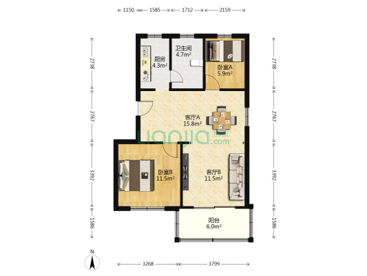 卧云商寓 2室2厅1卫 77平方