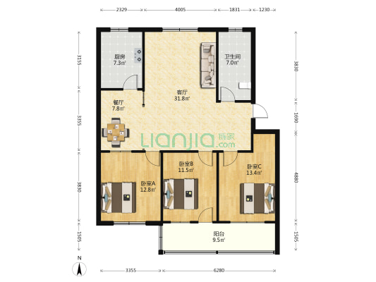 体育局宿舍楼 3室2厅1卫 123平方