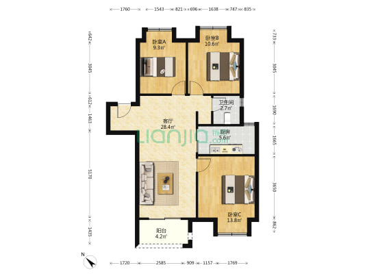 北辰蔚蓝城市樾东方 3室1厅1卫 94平方