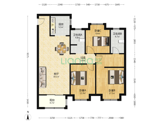绿地奥莱缤纷广场 3室1厅2卫 117平方