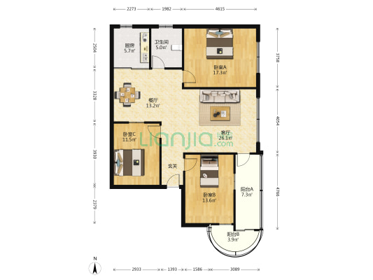 海城公寓 3室2厅1卫 136平方