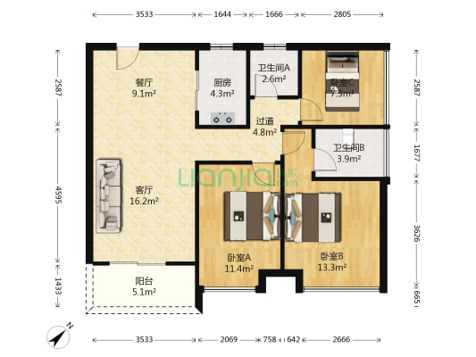 保利百合花园 3室2厅2卫 94平方