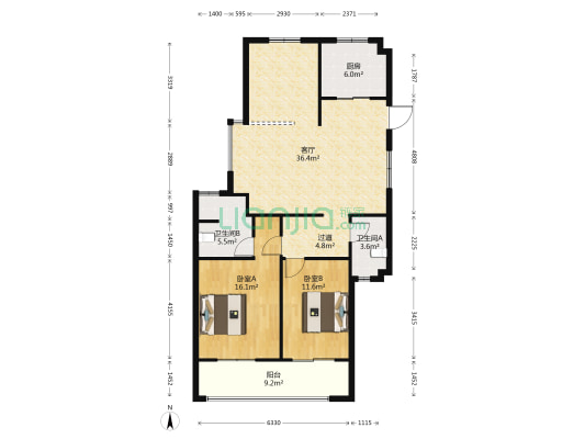 和谐家园 2室1厅2卫 117平方