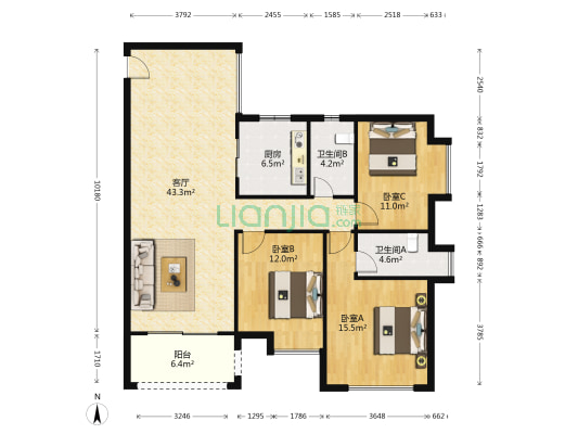 聚德花园 3室1厅2卫 118平方