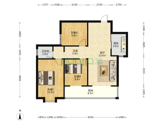 广电苑和园 3室1厅1卫 100平方