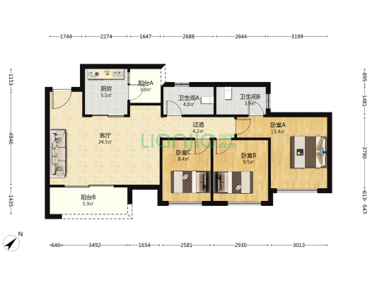 山语桃源一期 3室1厅2卫 91平方
