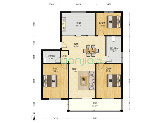 金建小区 3室2厅2卫 140平方