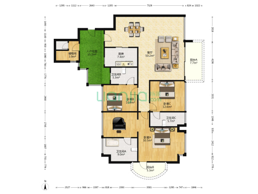 虎门滨江花园 3室1厅4卫 164平方