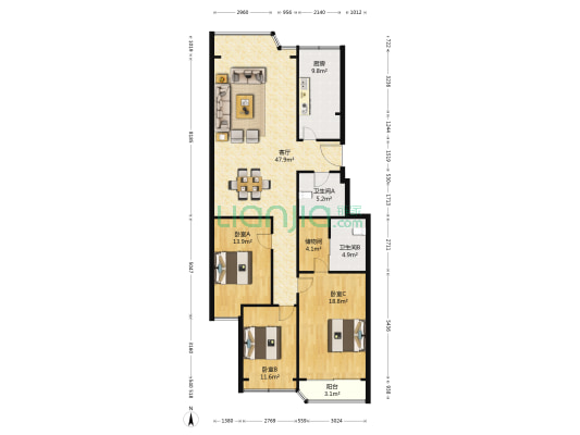 元华公寓 3室1厅2卫 154平方