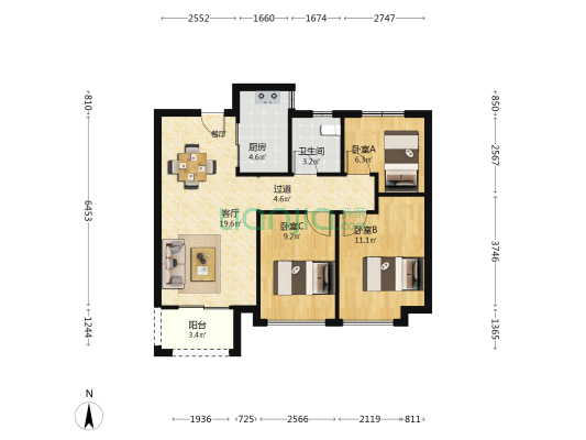 东悦城3号院 3室1厅1卫 88平方