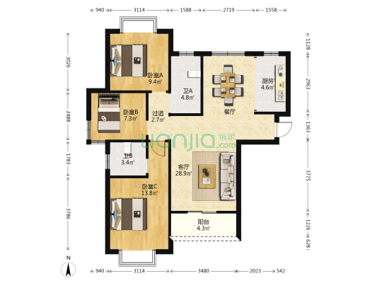光谷悦公馆 3室1厅2卫 115平方