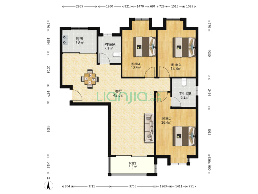 三角咀家园 3室1厅2卫 139平方