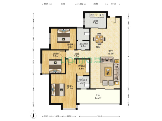 翰林苑 3室1厅2卫 137平方
