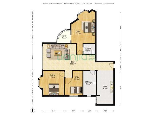 环岛名都 3室1厅2卫 141平方