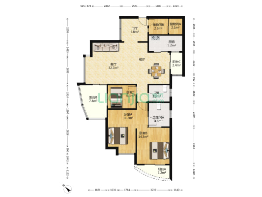 金色九洲 3室1厅2卫 128平方