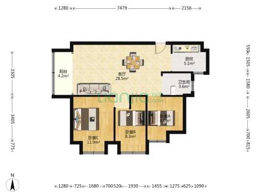 君临嘉龙公馆 3室1厅1卫 89平方