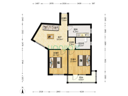 苹果园小区三区 2室1厅1卫 76平方