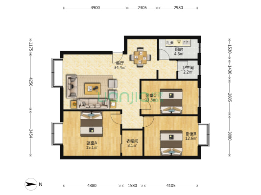 梨园巷2号 3室1厅1卫 104平方