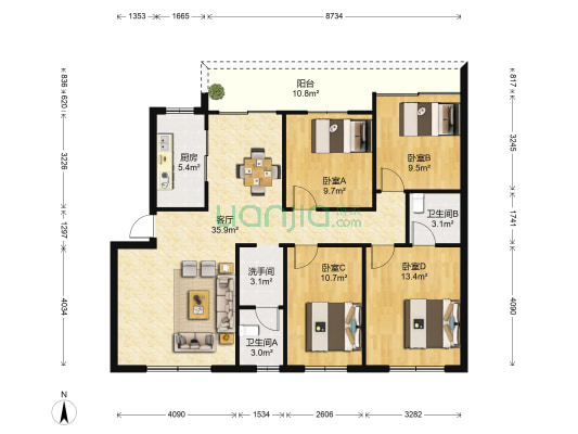 环保局宿舍 4室1厅3卫 130平方
