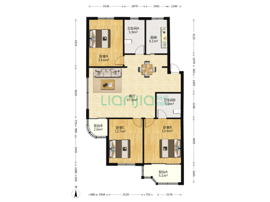 碧佳公寓 3室1厅2卫 121平方