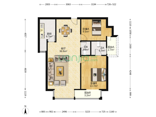 商业大楼 2室1厅2卫 105平方