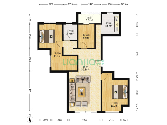 海樾府西区 3室1厅1卫 137平方
