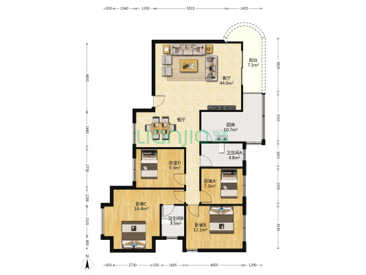 园林花园 4室1厅2卫 149平方