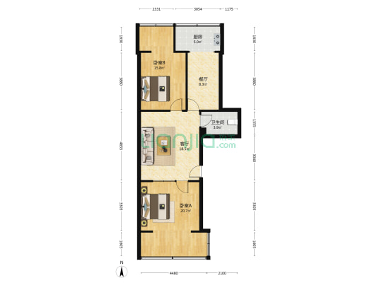 煤气用具宿舍东院 2室2厅1卫 77平方