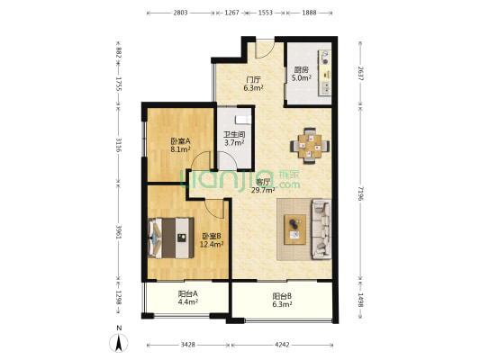 红星嘉和苑 2室1厅1卫 87平方