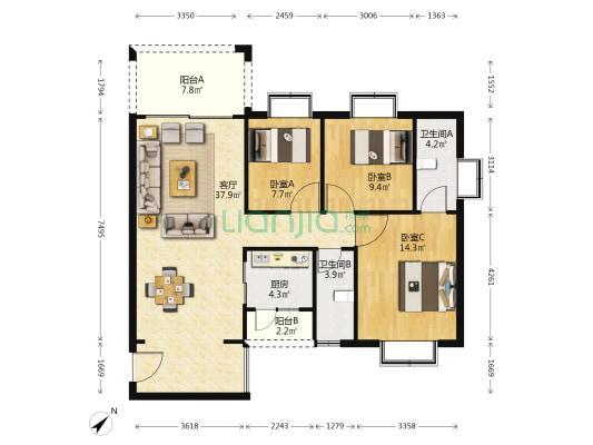 东泰雅筑 3室1厅2卫 108平方