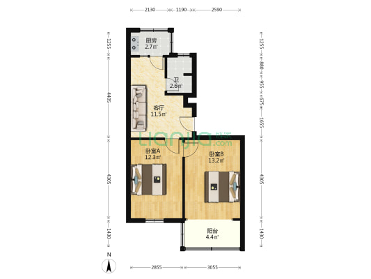 肉联厂宿舍 2室1厅1卫 57平方