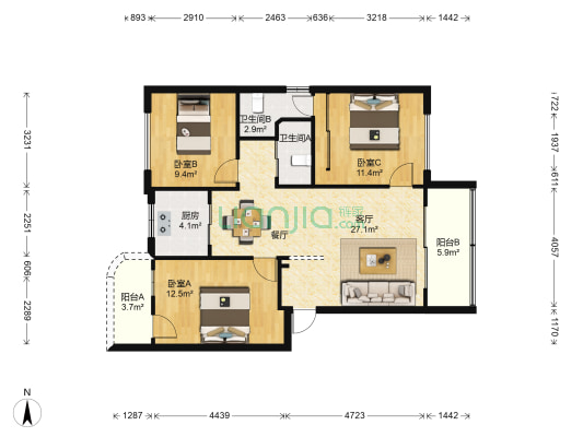 梅林商住楼 3室1厅2卫 94平方