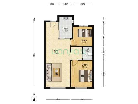 万科翡翠滨江二期 2室1厅1卫 89平方