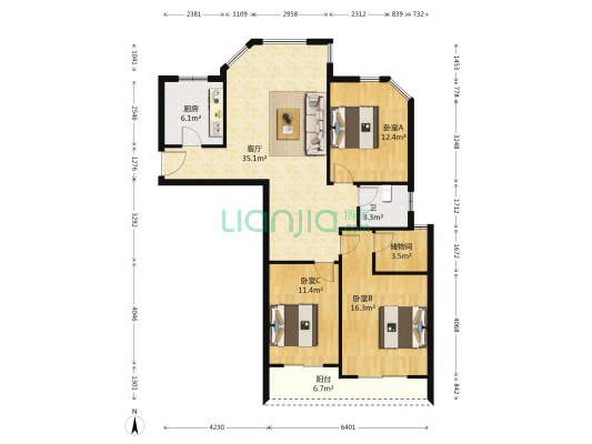 庐州小区 3室1厅1卫 123平方