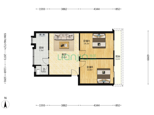 带湖路9号 2室1厅1卫 72平方