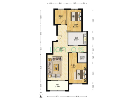 琥珀新天地东苑 2室1厅1卫 104平方